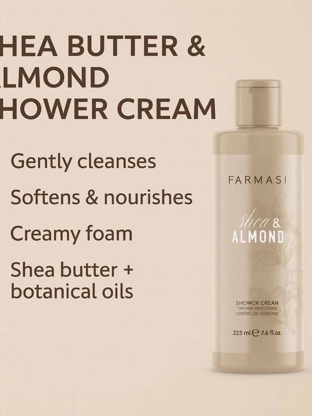 Farmasi Shea & Almond Shower Cream — Beige Bottle